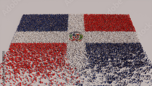A Crowd of People congregating to form the Flag of Dominican Republic. Dominican Banner on White. photo