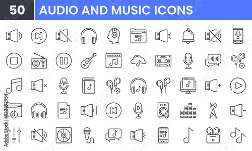 Audio and Music vector line icon set. Contains linear outline icons like Radio, Speaker, Sound, Microphone, Note, Guitar, Headphone, Cassette, Media, Playlist, Podcast. Editable use and stroke.