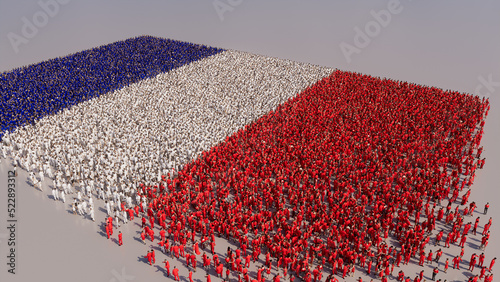 Aerial view of a Crowd of People, gathering to form the Flag of France. French Banner on White Background. photo