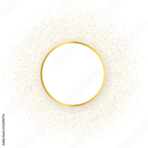 Gold round frame and golden glitter on light background. Design element and place for your text. Vector illustration