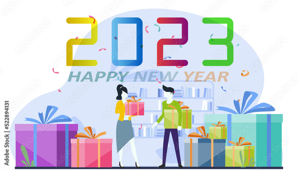  Happy New Year 2023 text. gift box. Suitable for the act of giving campaigns celebrate.