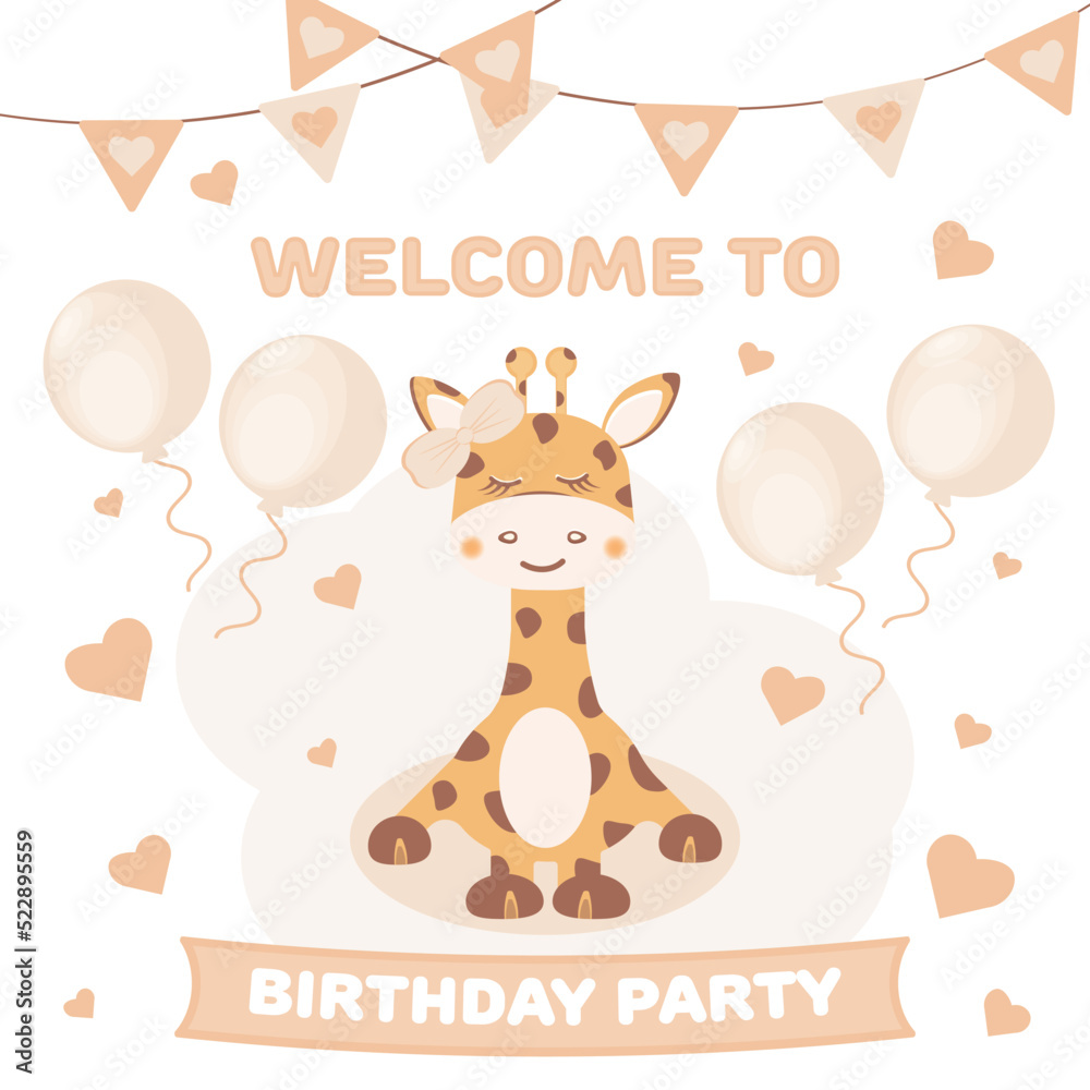 Fototapeta premium Cute baby girl giraffe. Birthday card invitation