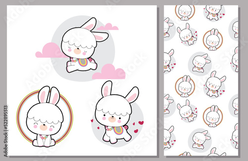 Flat cute llama illustration for kids and pattern set
