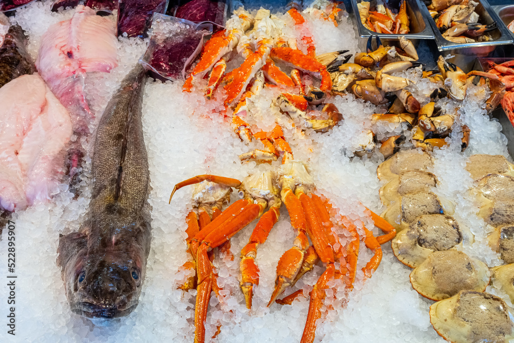 Fish, crustaceans and seafood for sale at a market in Bergen, Norway