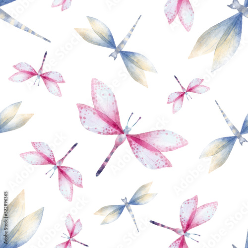 Watercolor hand drawn seamless pattern with illustration of colorful exotic dragonflies. Pink, blue, yellow, green elements isolated on white background. Spring wallpaper