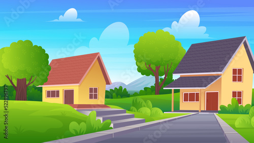 Suburban House with green yard, Residential landscape with green grass, trees, and mountain under blue sky