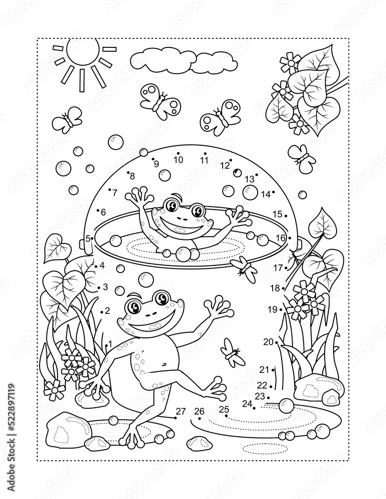 Frogs in a bucket dot-to-dot picture puzzle and coloring page
