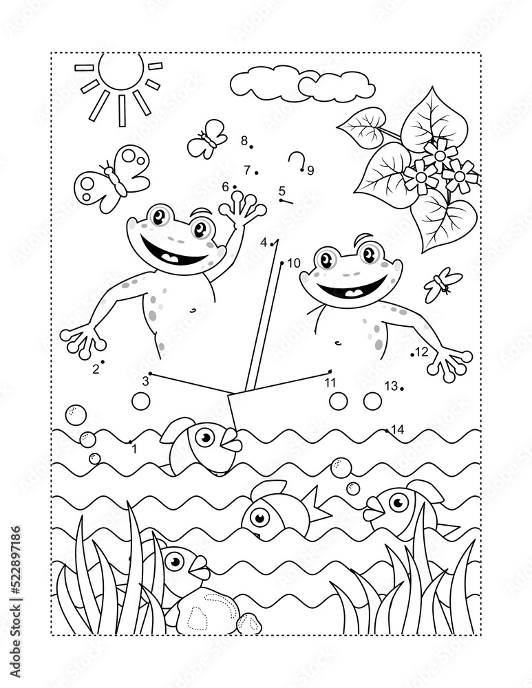 Frogs the sailors in a boat connect the dots full-page picture puzzle and coloring page
