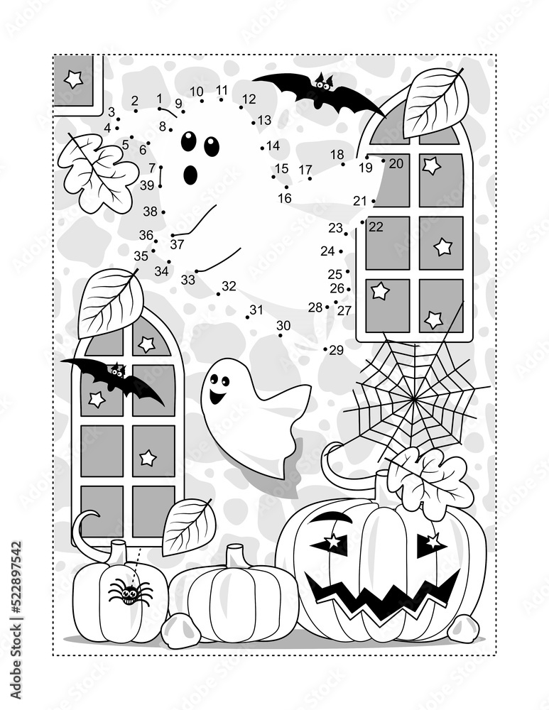 Halloween ghosts dot-to-dot picture puzzle and coloring page with two playful ghosts in a castle ruin, pumpkins, bats, Jack-o-lantern.
