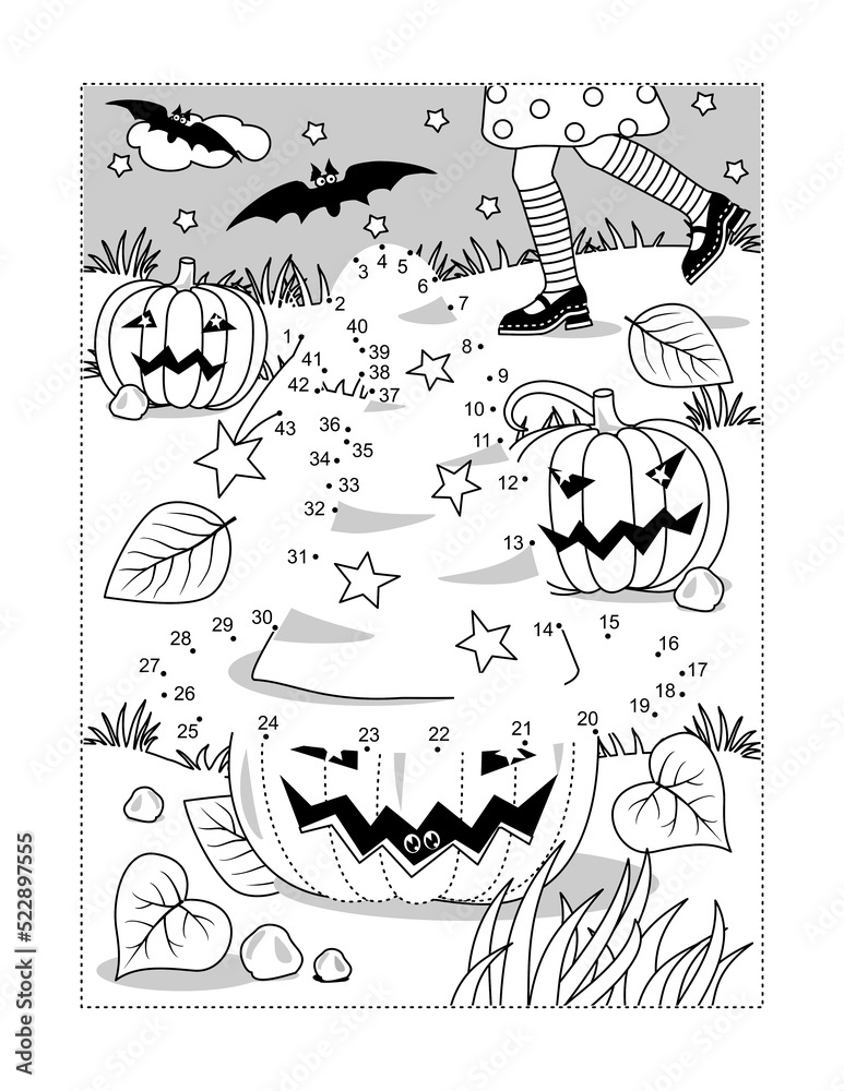 Halloween witch's hat dot-to-dot picture puzzle and coloring page with young witch chasing her hat lost at the pumpkin field.
