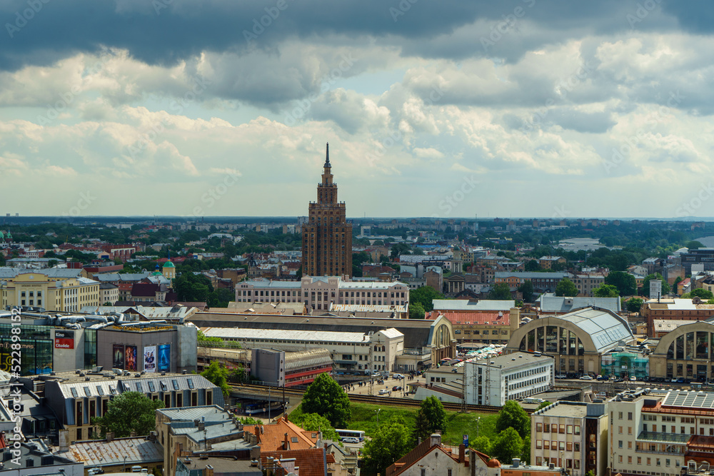 Cityscape of Riga, Latvia - View of Latvian Academy of Sciences and Riga Central Market
