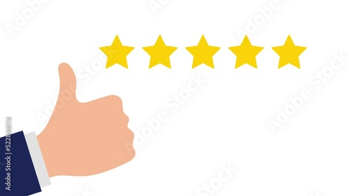 Customer review in five star product purchase with thumbs up and review sign on white background. Input. Motion graphics