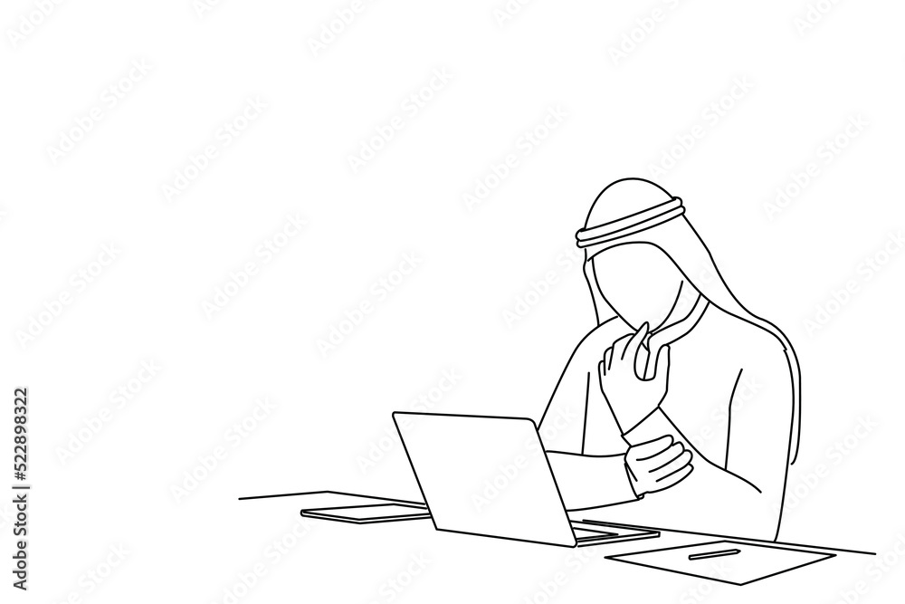 Illustration of Exhausted Young Arab Man with Laptop having Wrist Pain. One line art style Illustration of Exhausted Young Arab Man with Laptop having Wrist Pain. One line art style