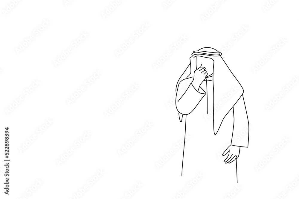 Drawing of arab businessman smelling something stinky and disgusting, intolerable smell, holding