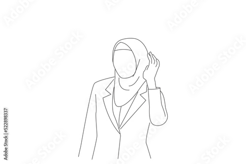Cartoon of asian muslim business woman hold her hand near her ear, listening, eavesdropping. Single continuous line art style