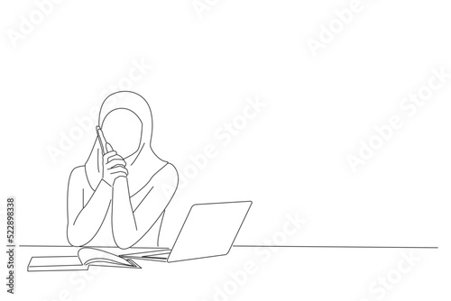 Drawing of unhappy arabic business woman in hijab suffering from toothache and cavity, touching her cheek with miserable face. Single line art style