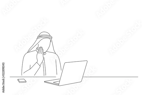 Cartoon of Arab Businessman Man having Toothache, Cavity. Continuous line art