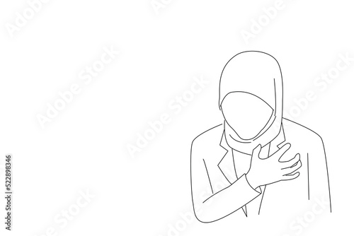Illustration of sick muslim suffering from heart attack, seizure. One line style art