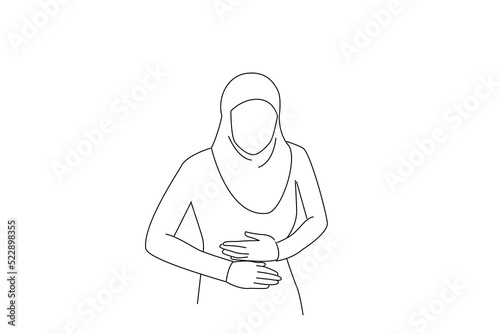 Cartoon of muslim business woman in hijab suffering from acute stomach ache because food poisoning. Continuous line art style