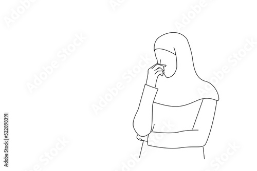 Illustration of disgusted arabian muslim woman in hijab looking aside covering nose with hand. One line art style