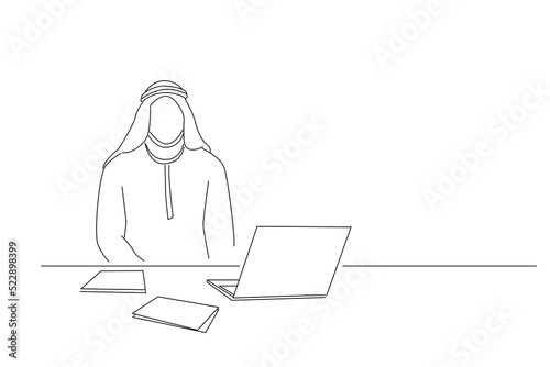 Cartoon of young arab businessman have neck gypsum. Single continuous line art style