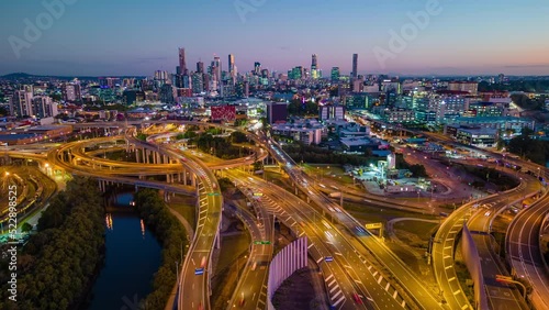 Aerial hyperlapse, dronelapse video of Brisbane city and highway traffic in Australia at night photo