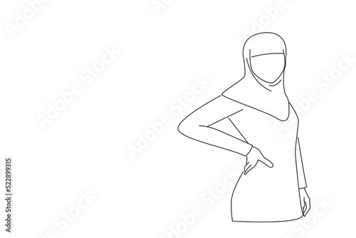 Drawing of arab business woman with back pain holding her aching hip. Single line art style