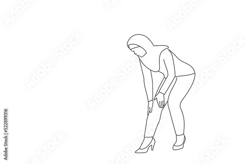 Cartoon of asian muslim businesswoman having knee problems. Single continuous line art style