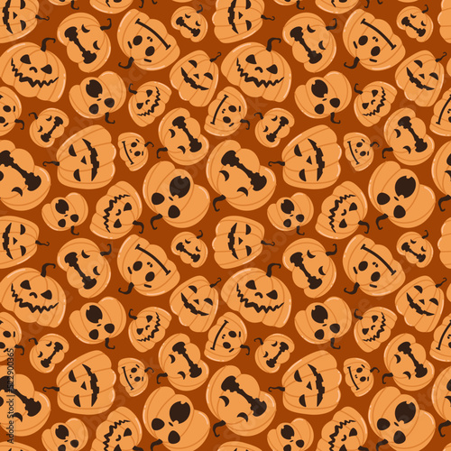 Seamless vector pattern with festive Halloween pumpkins. Jack orange lantern drawn with carved faces. Repeat tile swatch with orange icons on orange background for textile, wrapping paper, fabric
