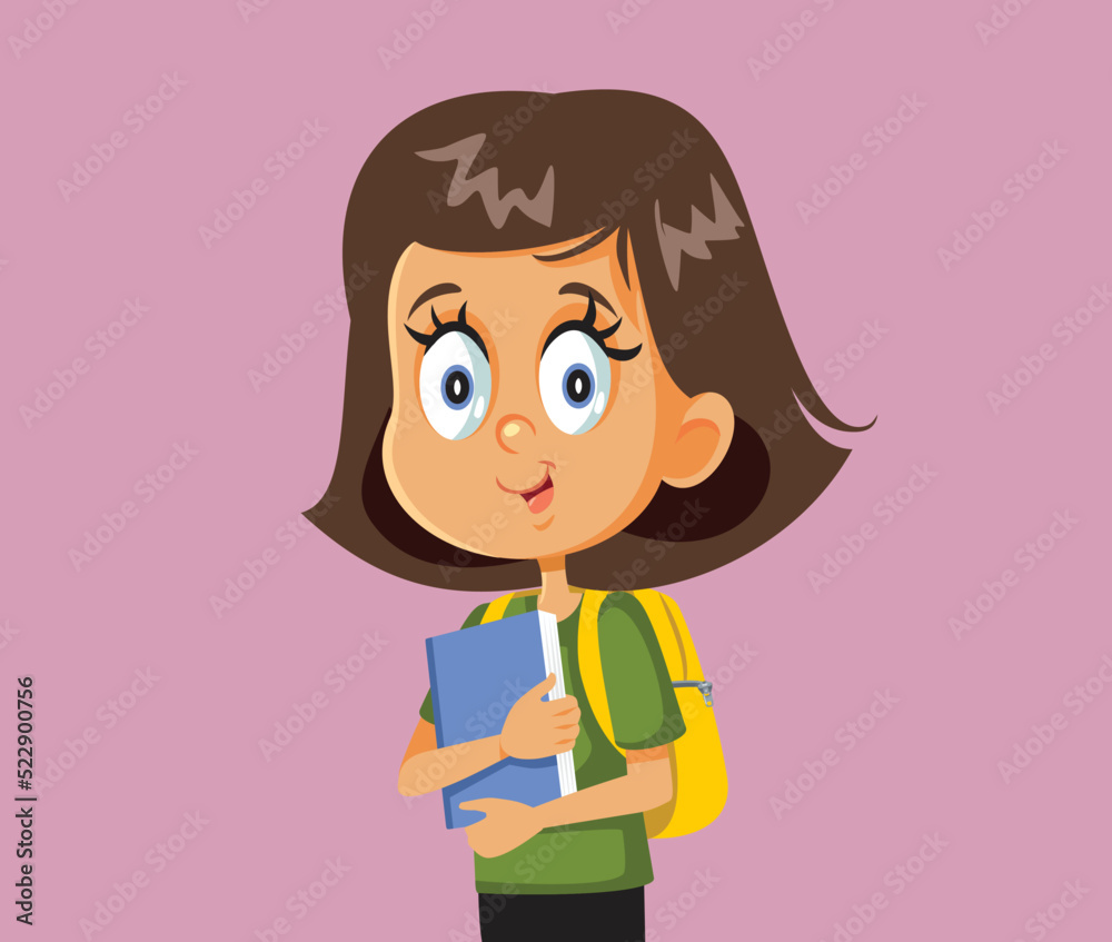 Happy Girl with School Bag and Textbooks Vector Cartoon. Happy schoolgirl ready for literature class going back to school
