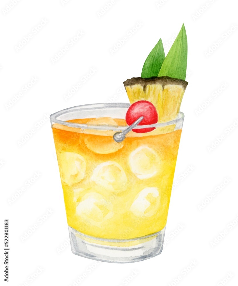 Mai Tai cocktail watercolor hand drawn illustration. Drink clipart on ...