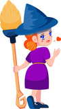 Cute Little Witch Cartoon Holding Broomstick with Mini Heart