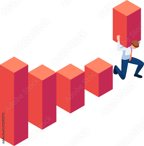 Isometric businessman carry and raises bar chart up above the highest point