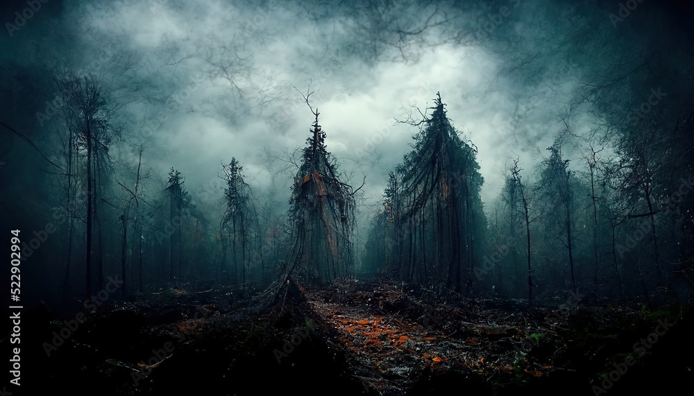 Realistic haunted forest spooky landscape at night. Fantasy Halloween forest  background. Digital art. Stock Illustration | Adobe Stock