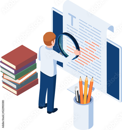 Isometric businessman proofreading a document on pc monitor photo