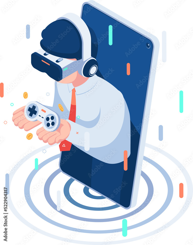 Isometric Businessman Wearing VR Glasses and Holding Video Game Controller
