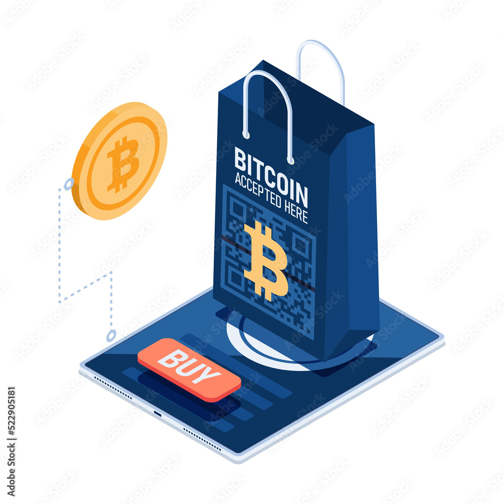 Flat 3d Isometric Shopping Bag on Online Store Accept Bitcoin Payment. Bitcoin and Cryptocurrency Payment Concept.