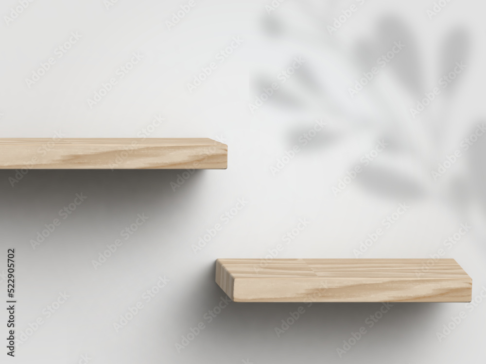 Two wooden shelves or platforms for product presentation in empty loft room. Wood podium in white clean space with shadow of leaves. 3d rendering illustration. Industrial interior background template