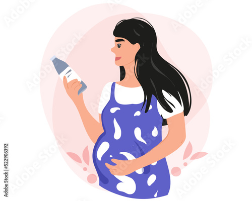 Portrait of a pensive pregnant woman choosing a drink while shopping or at home.
Shopping, food, pregnancy, healthy eating and people concept - happy pregnant woman with bottle of juice or milk.