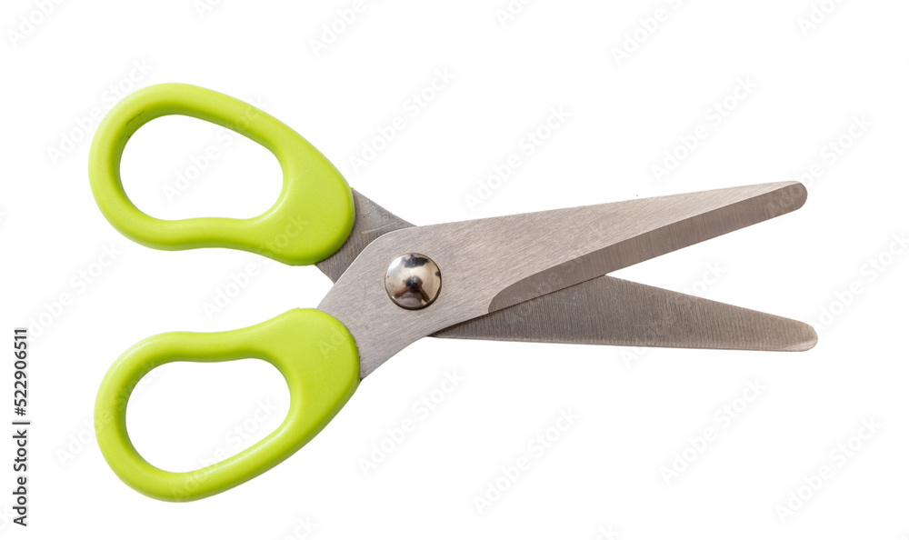 School scissors open, green handle isolated, transparent background. Kids safe tool. PNG - obrazy, fototapety, plakaty 
