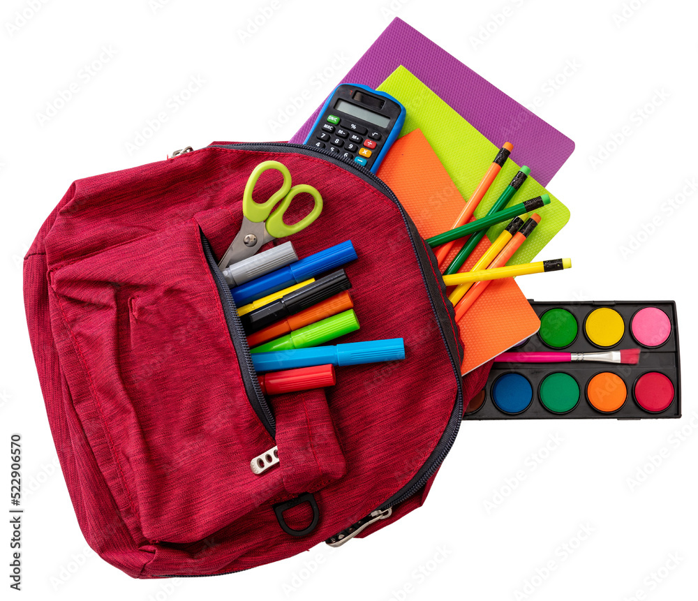 Back to school. School supplies and a red student backpack isolated,  transparent background, top view. PNG Stock Photo | Adobe Stock