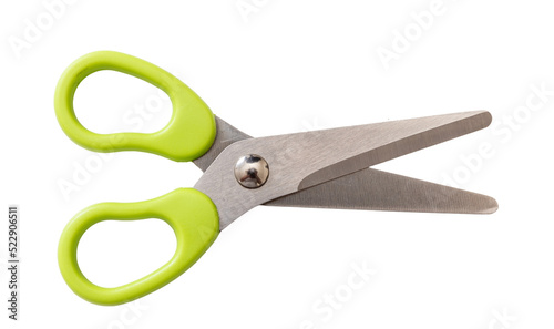 Fotografiet School scissors open, green handle isolated, transparent background