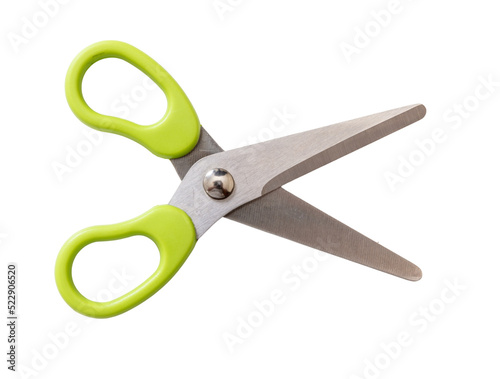 School scissors wide open, green handle isolated, transparent background. Kids safe tool. PNG