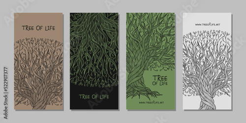 Vintage old olive tree with roots, concept art for your business. Creative ideas for cards, banner, web, promotional materials. Corporate identity template. Vector illustration
