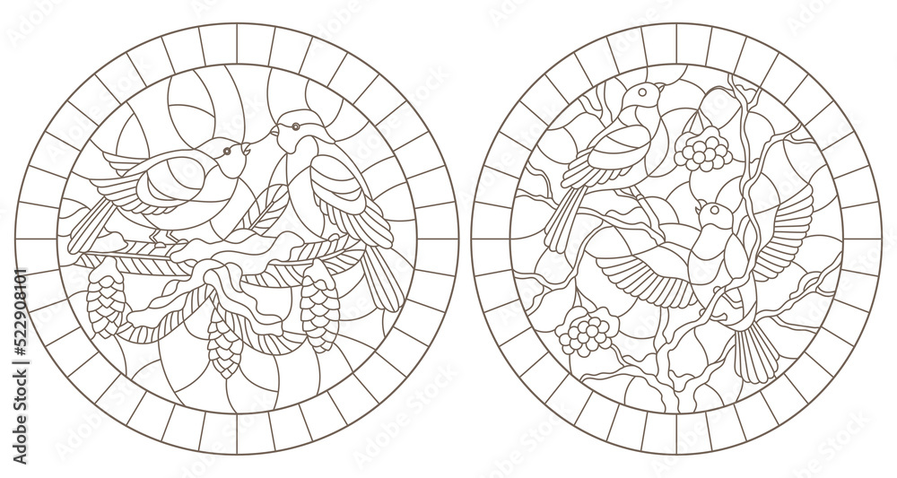 Set contour illustrations of stained glass with birds on the branches of snow-covered trees , dark outlines on a white background, oval images