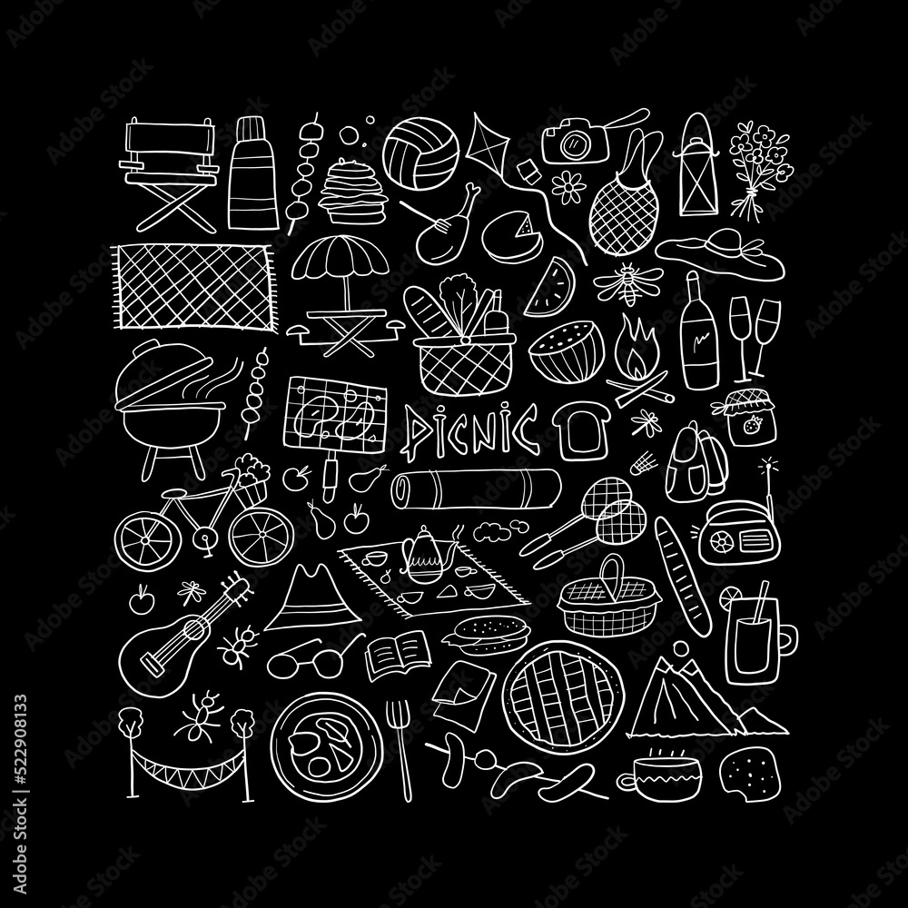 Picnic day. Outdoor relax design elements - Basket, drinks, food, game, sport. Vector illustration