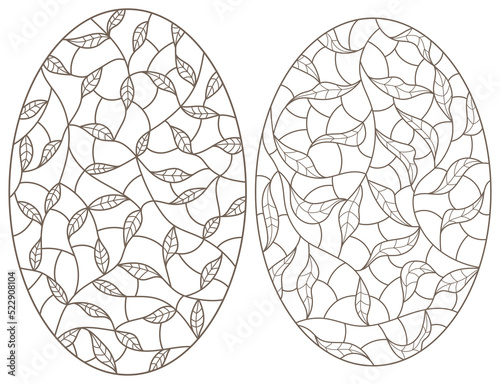 Set of contour illustrations of stained glass Windows with intertwined leaves, dark outlines on a white background