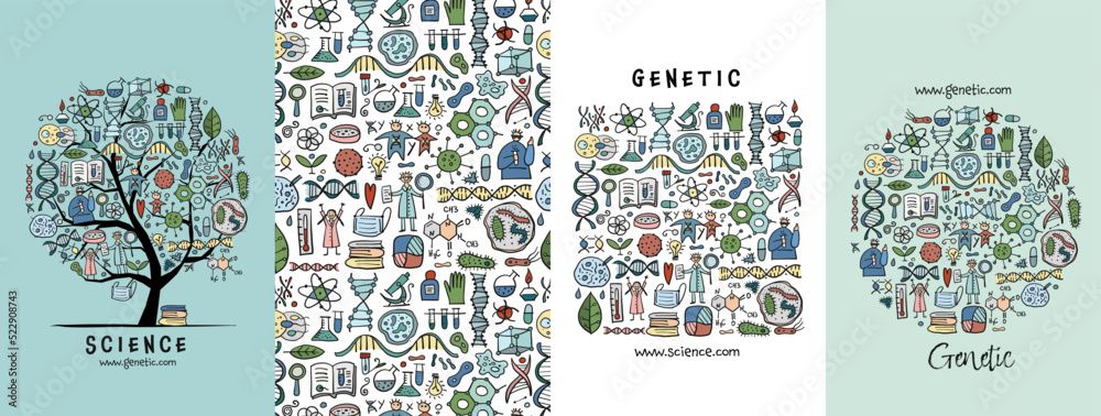 Genetic, Biology, medicine - concept arts collection. Frame, pattern, tree. Set for your design project - cards, banners, poster, web, print, social media, promotional materials. Vector illustration
