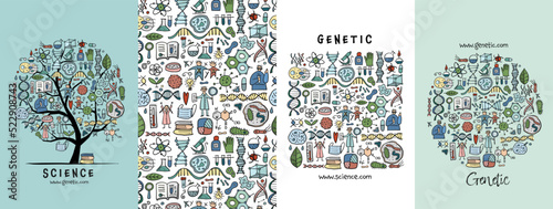 Genetic, Biology, medicine - concept arts collection. Frame, pattern, tree. Set for your design project - cards, banners, poster, web, print, social media, promotional materials. Vector illustration