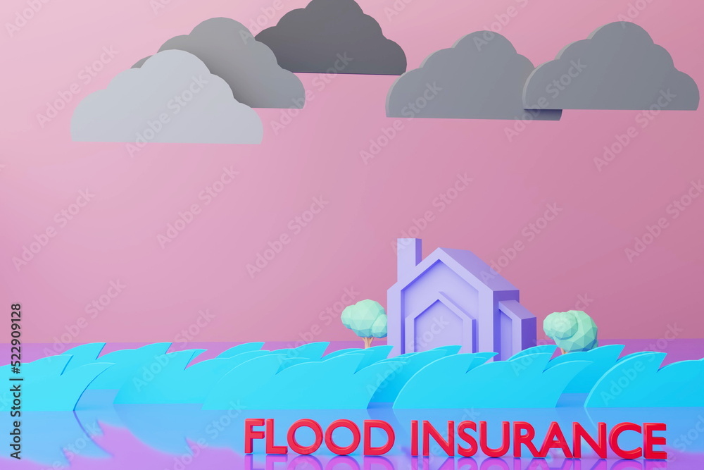 Naklejka premium Model houses flooded from rainstorms and wild water, flood insurance, home insurance, 3D render.